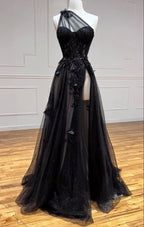 One Shoulder Black Lace Floral Prom Dress Long With High Slit 21Th Birthday Outfits
