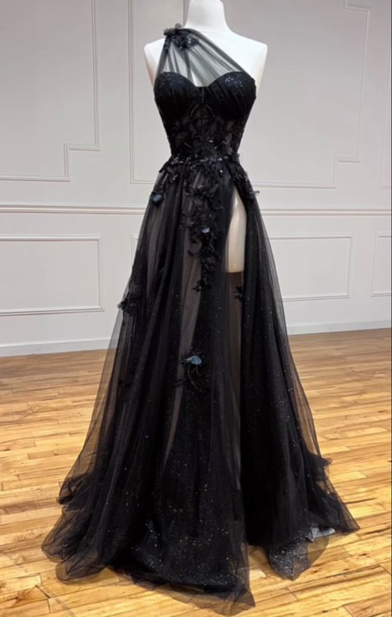 One Shoulder Black Lace Floral Prom Dress Long With High Slit 21Th Birthday Outfits