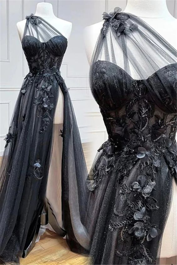 One Shoulder Black Lace Floral Prom Dress Long With High Slit 21Th Birthday Outfits Main image