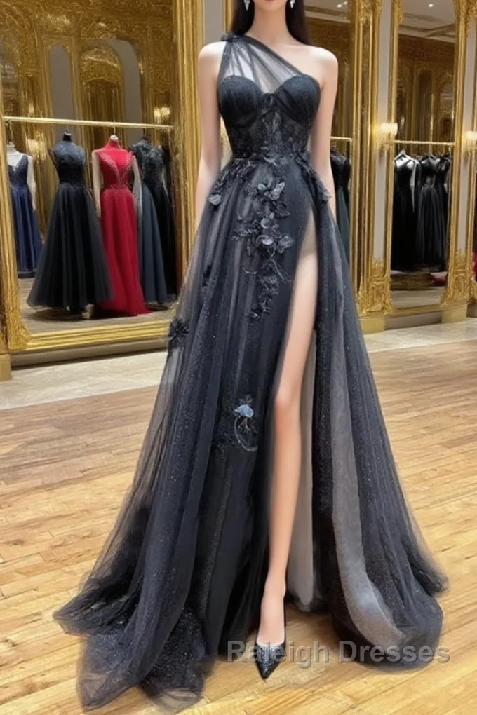 One Shoulder Black Lace Prom Dresses, One Shoulder Black Lace Formal Evening Dresses Main image