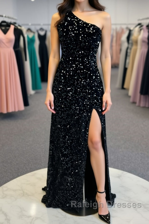 One Shoulder Black Sequins Mermaid Long Prom Dresses, Black Sequins Mermaid Long Prom Dresses Main image