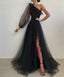 One Shoulder Black Tulle Prom Dresses A-Line Split Prom Gowns Event Dress