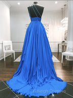 One Shoulder Blue Backless Long Prom Dresses, Open Back Blue Long Formal Evening Dresses
