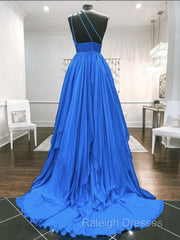 One Shoulder Blue Backless Long Prom Dresses, Open Back Blue Long Formal Evening Dresses