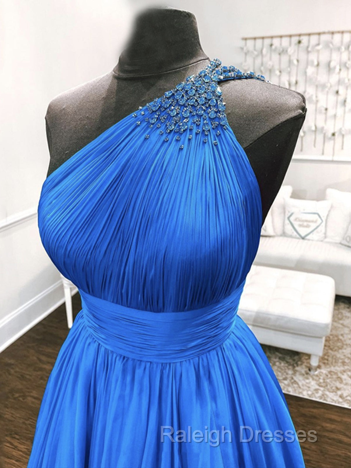 One Shoulder Blue Backless Long Prom Dresses, Open Back Blue Long Form