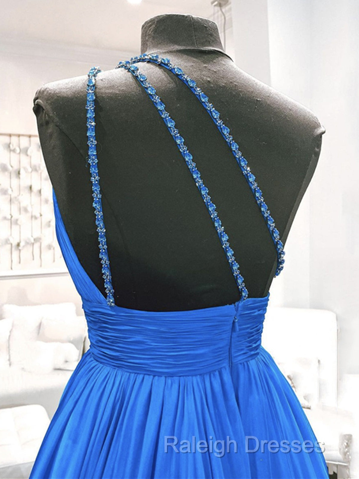 One Shoulder Blue Backless Long Prom Dresses, Open Back Blue Long Formal Evening Dresses