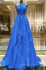 One Shoulder Blue Backless Long Prom Dresses, Open Back Blue Long Formal Evening Dresses