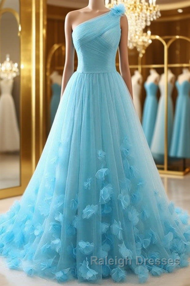 One Shoulder Blue Floral Long Prom Dresses, One Shoulder Blue Formal Dresses, 3D Flowers Blue Evening Dresses Main image