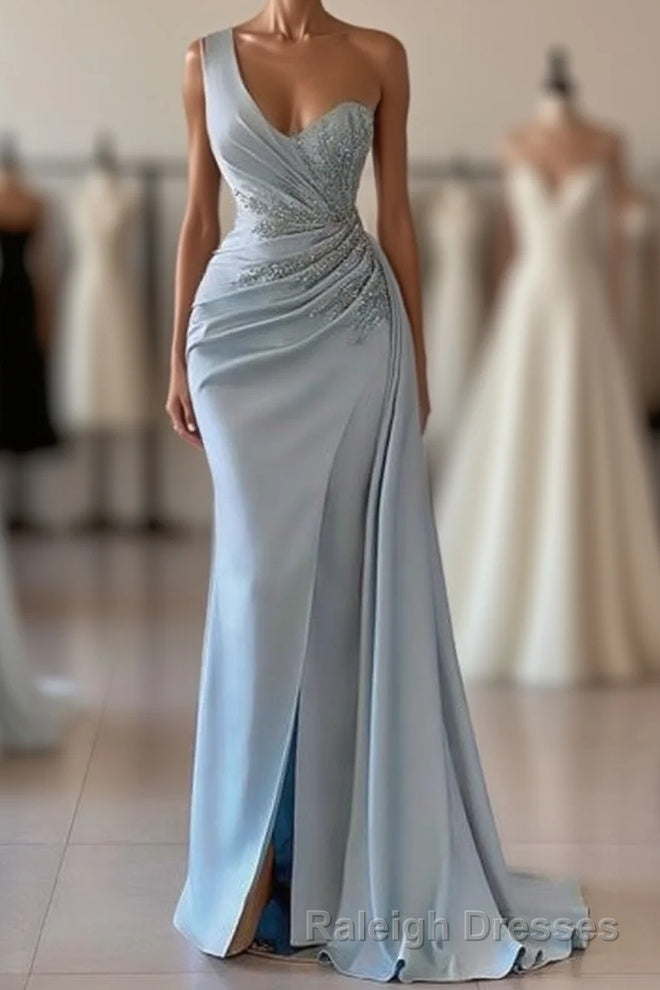 One shoulder blue prom dress in mermaid pleats Main image