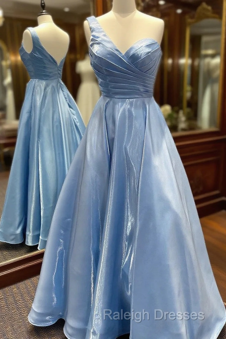 One Shoulder Blue Satin Long Prom Dresses, One Shoulder Blue Long Formal Evening Dresses