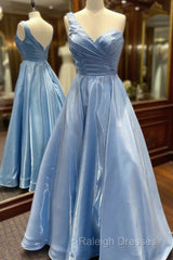 One Shoulder Blue Satin Long Prom Dresses, One Shoulder Blue Long Formal Evening Dresses