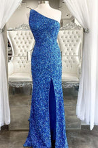 One Shoulder Blue Sequins Mermaid Long Prom Dresses
