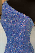 One Shoulder Blue Sequins Mermaid Long Prom Dresses