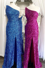 One Shoulder Blue Sequins Mermaid Long Prom Dresses