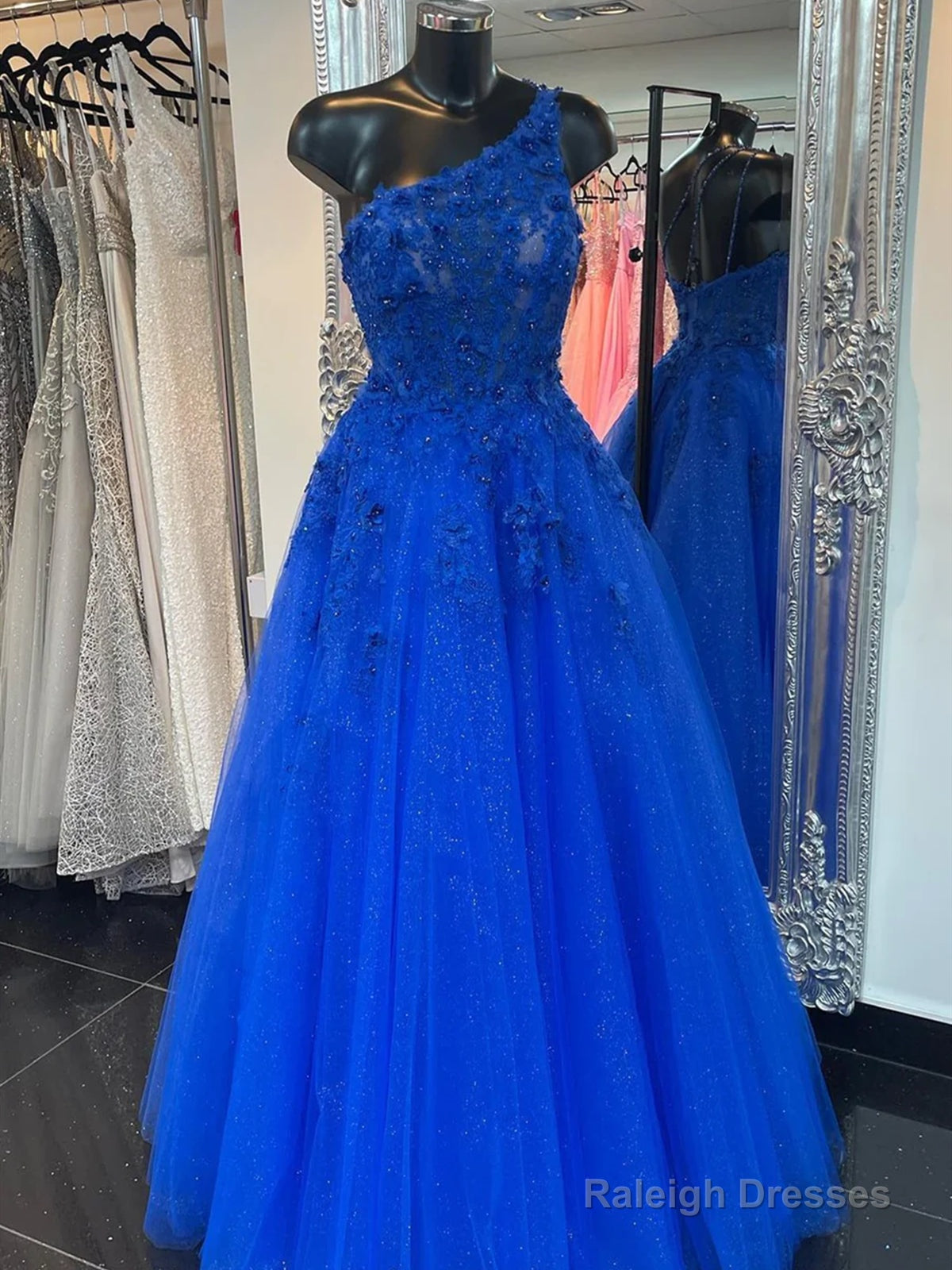 One Shoulder Blue Yellow Long Lace Prom Dresses, One Shoulder Lace Formal Evening Dresses Main image