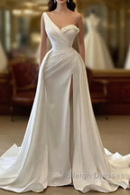 One Shoulder Charmeuse White Wedding Dresses With Beadings Sleeveless Floor Length Elegant