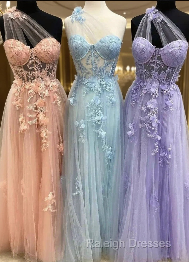 One Shoulder Flowers Lace Prom Dresses Applique Sweetheart With Split Main image