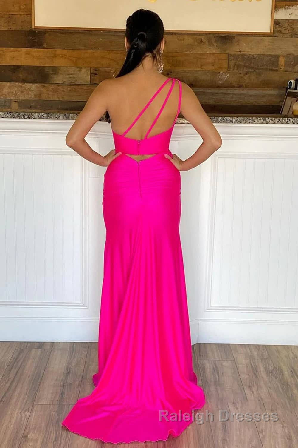 One Shoulder Hot Pink Prom Dress with Slit Secondary image