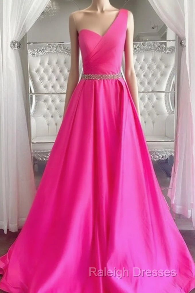 One Shoulder Hot Pink Prom Dresses, Hot Pink One Shoulder Formal Evening Dresses