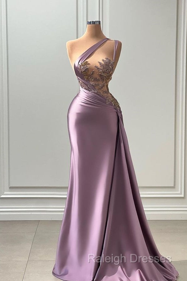 One shoulder Lavender A Line Satin Long Prom Dresses Secondary image
