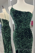One Shoulder Long Emerald Green Prom Dress Mermaid Sequin