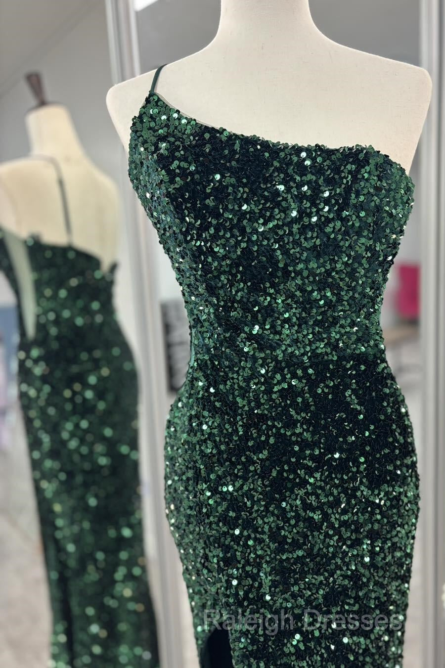 One Shoulder Long Emerald Green Prom Dress Mermaid Sequin