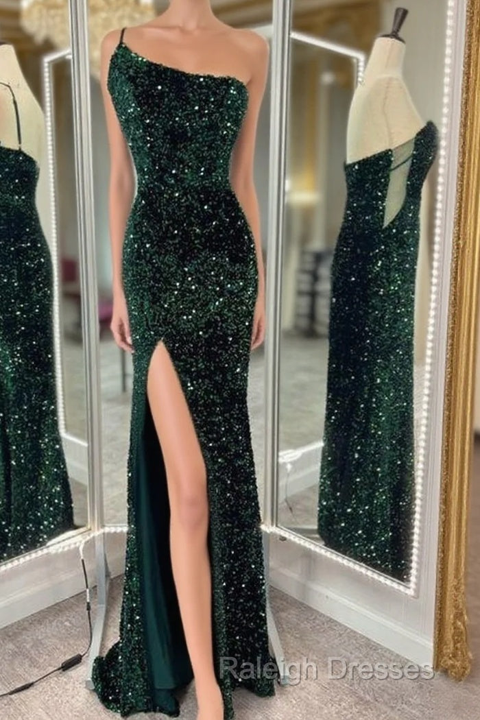 One Shoulder Long Emerald Green Prom Dress Mermaid Sequin