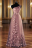 One-Shoulder Long/Floor-Length A-Line/Princess Tulle Prom Dresses With Flowers Waistband