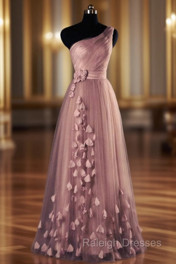 One Shoulder Long Dress Floor Length A Line Tulle Prom Dresses With Flowers Waistband