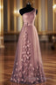 One Shoulder Long Dress Floor Length A Line Tulle Prom Dresses With Flowers Waistband