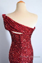 One Shoulder Long Sequins Prom Dresses Burgundy Mermaid