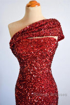 One Shoulder Long Sequins Prom Dresses Burgundy Mermaid