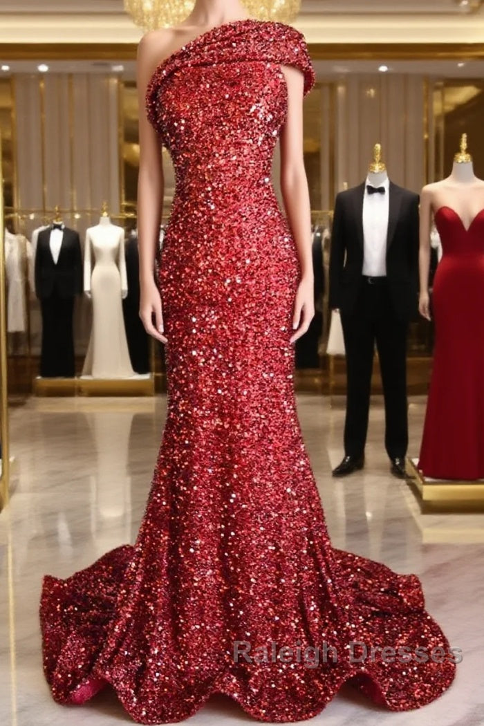One Shoulder Long Sequins Prom Dresses Burgundy Mermaid