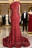 One Shoulder Long Sequins Prom Dresses Burgundy Mermaid