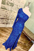 One-Shoulder Long Sleeve Tiffany Blue Sequins Long Prom Dresses