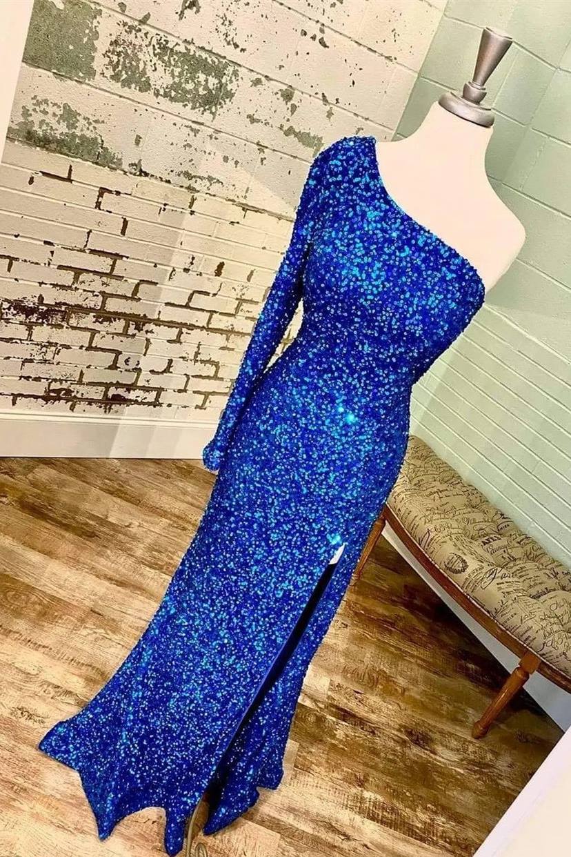 One-Shoulder Long Sleeve Tiffany Blue Sequins Long Prom Dresses