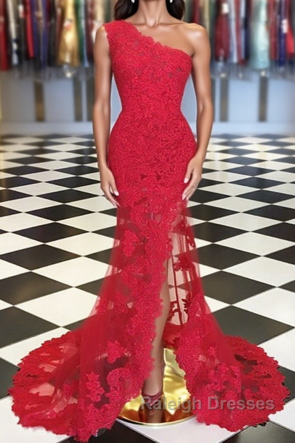 One Shoulder Mermaid Red Lace Prom Dress Long with High Slit