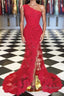 One Shoulder Mermaid Red Lace Prom Dress Long with High Slit