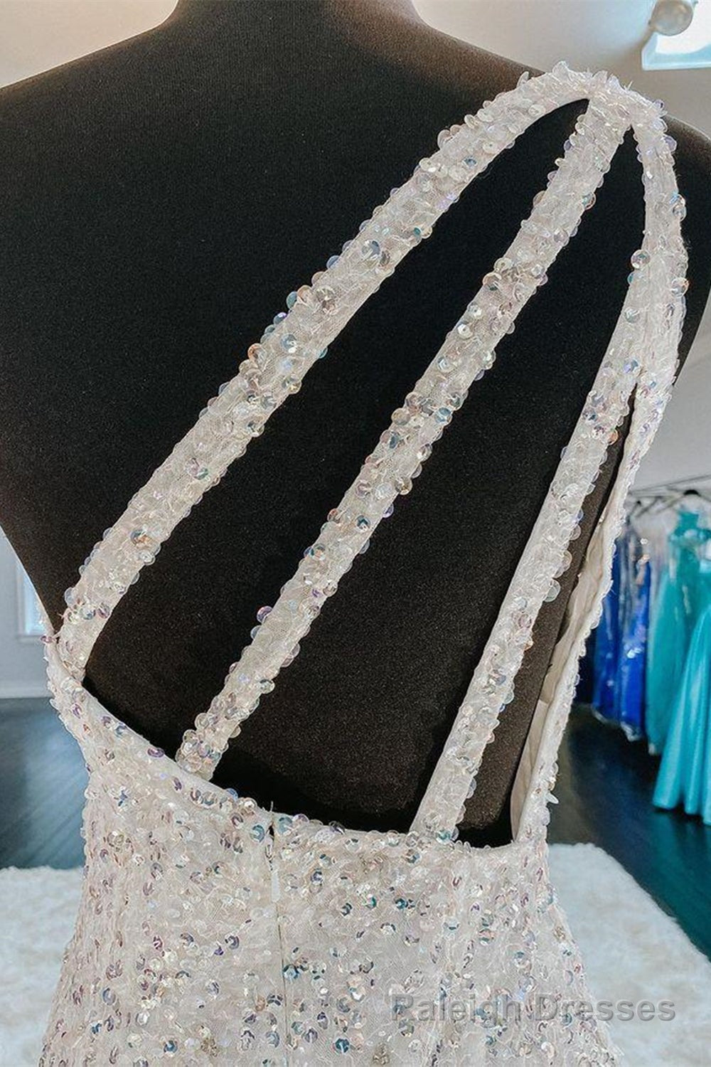 One Shoulder Mermaid Sequins Ivory Long Prom Dress, Open Back Formal Dress,Sequins Sexy Prom Dresses Secondary image