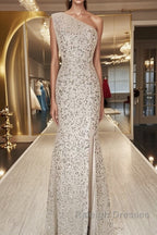 One Shoulder Mermaid Sequins Ivory Long Prom Dress, Open Back Mermaid Ivory Formal Dress, Sequins Ivory Evening Dress
