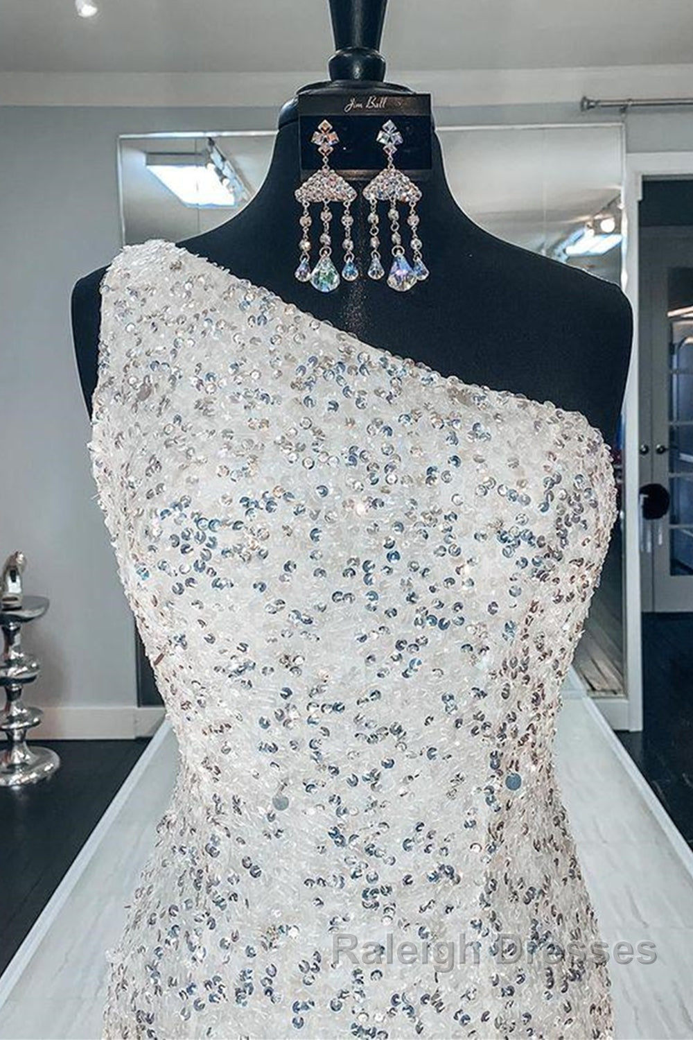 One Shoulder Mermaid Sequins Ivory Long Prom Dress, Open Back Mermaid Ivory Formal Dress, Sequins Ivory Evening Dress Secondary image