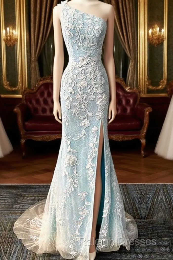 One Shoulder Mermaid Split Lace Prom Dresses Main image