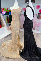 One Shoulder Mermiad Sequins Slit Long Prom Dresses