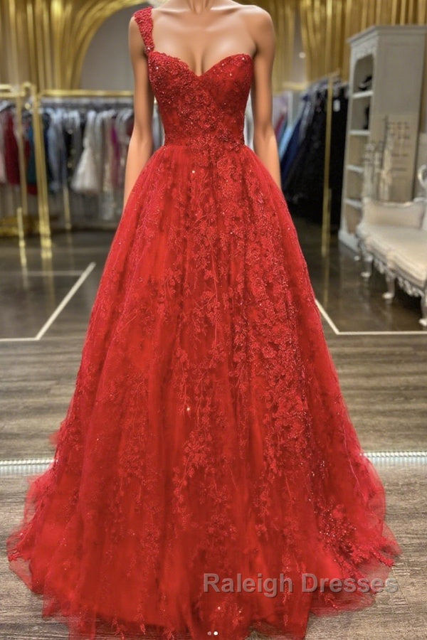 One Shoulder Open Back Red Lace Long Prom Dresses, Sweetheart Neck Red Lace Formal Dresses, Red Evening Dresses Main image