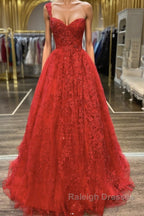 One Shoulder Open Back Red Lace Long Prom Dresses, Sweetheart Neck Red Lace Formal Dresses, Red Evening Dresses