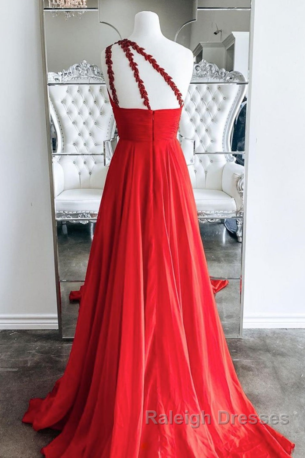 One Shoulder Open Back Red Long Prom Dress, Backless Red Formal Dress, Red Evening Dress Secondary image