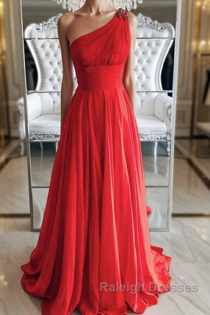 One Shoulder Open Back Red Long Prom Dresses, Backless Red Formal Graduation Evening Dresses Main image
