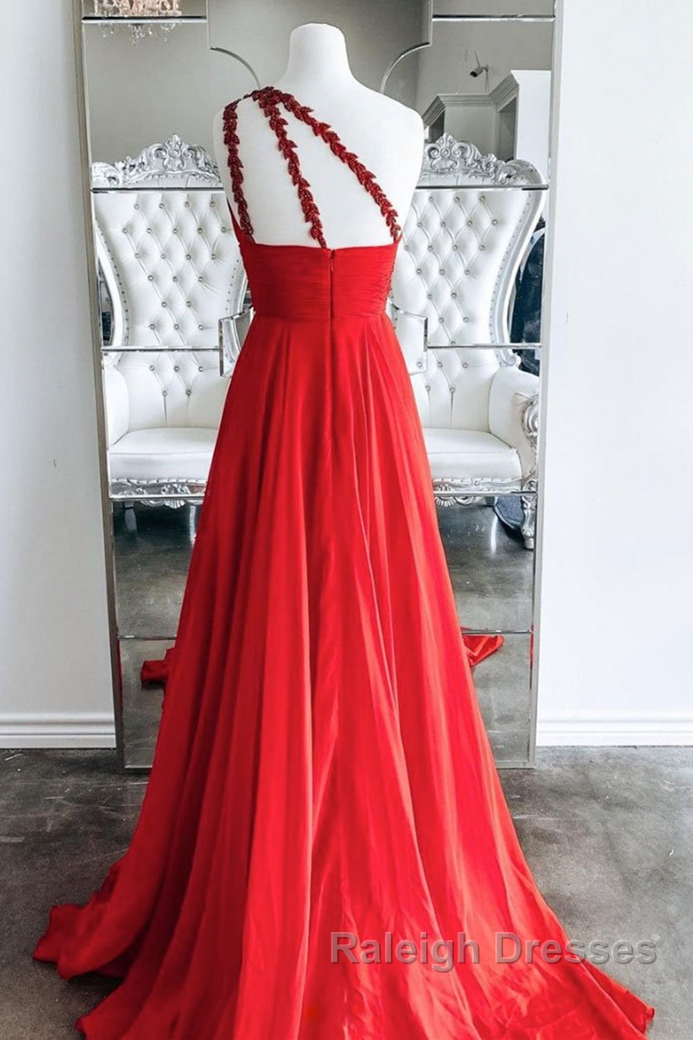 One Shoulder Open Back Red Long Prom Dresses, Backless Red Formal Graduation Evening Dresses Secondary image