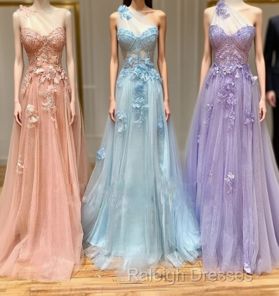 One Shoulder Pink/Blue/Purple Lace Floral Long Prom Dresses Main image