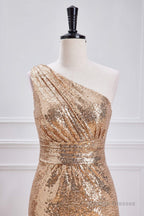 One Shoulder Pleated Gold Sequin Mermaid Bridesmaid Dress